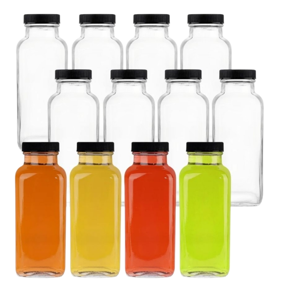 12 Pack 12oz Square Glass Juice Bottles with Black Airtight Lids and Labels